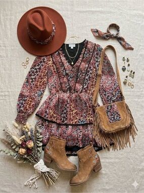 Allison New York Michelle Boho Floral Tiered Ruffle Mini Dress Whimsical Sz S